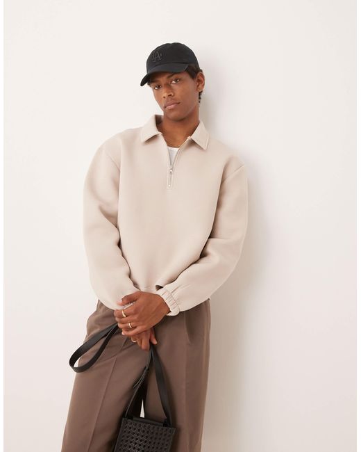 Sweat en tissu imitation néoprène épais coupe carrée oversize avec col zippé - beige ASOS pour homme en coloris Natural