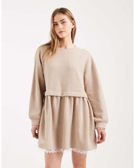 Miss Selfridge Natural Smock Dress With Lace Trim