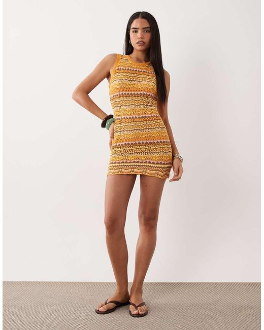 Kiwi & Co Orange Walking On Sunshine Crochet High Neck Sleeveless Mini Beach Dress