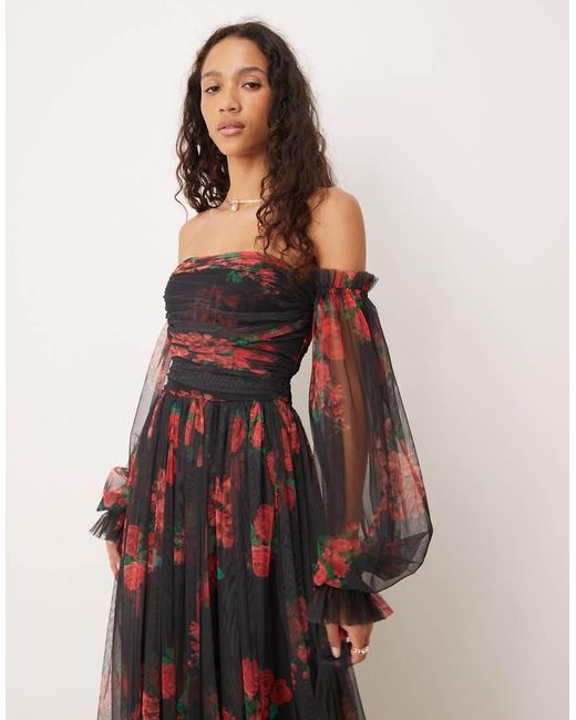 LACE & BEADS Multicolor Off The Shoulder Balloon Sleeve Tulle Maxi Dress