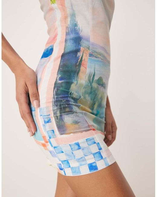 Vestido Corto Con Estampado De Postales Lavado Y Escote Palabra De Honor De Lino De (Parte De Un Conjunto) ASOS de color Multicolor