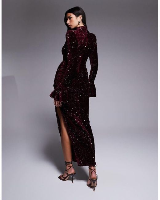 ASOS Red Velvet Sequin Maxi Dress With Drape Waist