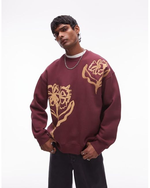 Topman Red Oversized Fit Sweatshirt With Front And Back Abstract Floral Print And Embroidery for men