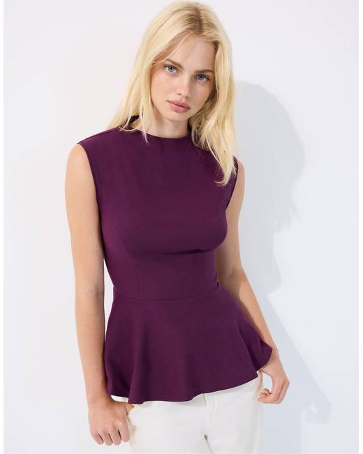 Stradivarius Purple High-neck Peplum Sleeveless Top
