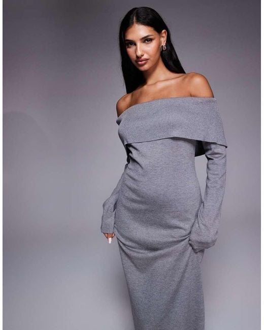 Kaiia Gray Exclusive Slouchy Bardot Foldover Knitted Maxi Dress