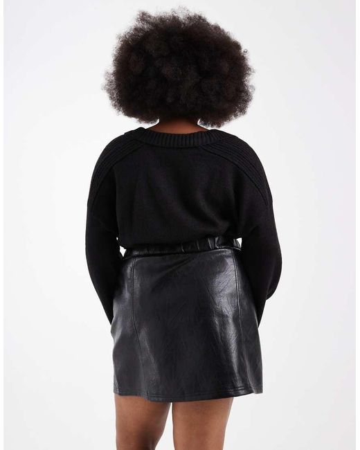 Renee Studio Black Plus Exclusive Leather Look Seam Detail Pocket Front Mini Skirt