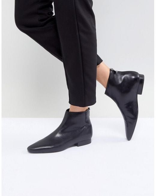 Mango Black Leather Flat Pointed Toe Ankle Boot