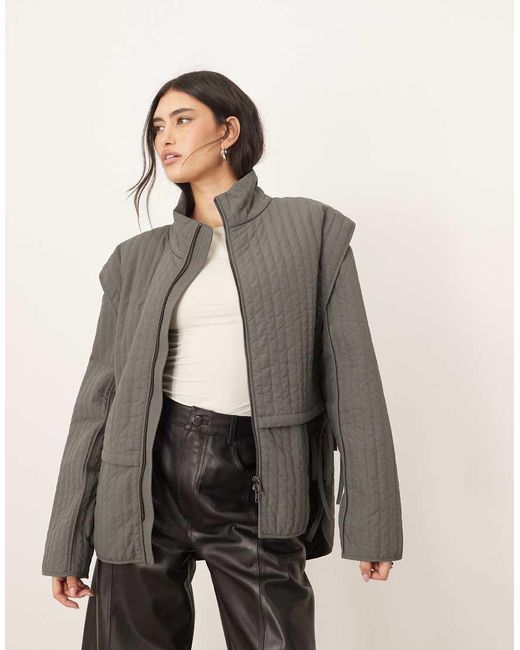 ARRANGE Gray Quilted Layered Shacket With Tie Detail