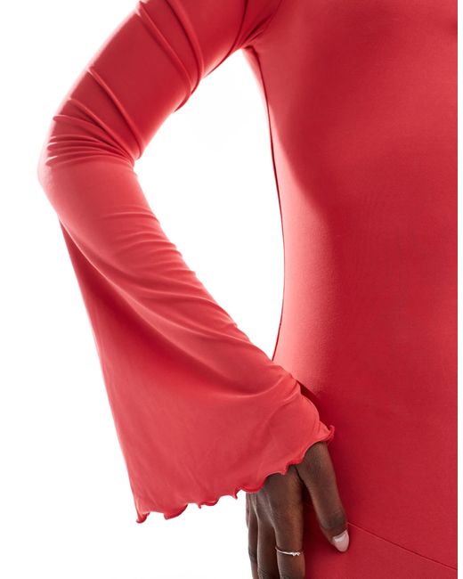 Robe trapèze longue à manches longues et col montant - corail ASOS en coloris Red