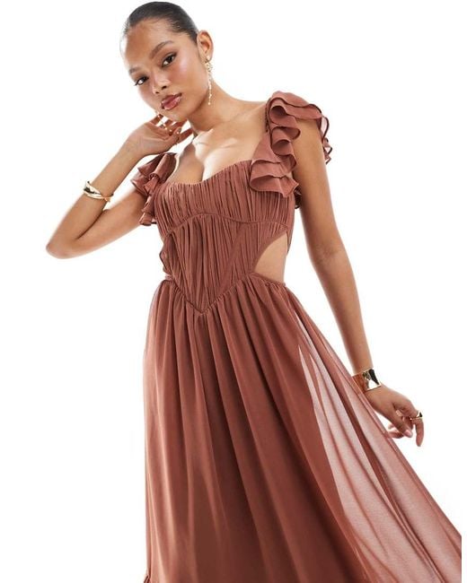 princess polly baby blue dress Brown Halter Neck Gold Ring Midi Dress