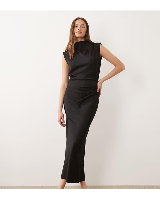 ASOS Black Asos Design Tall Satin High Neck Pleated Bodice Midi Dress