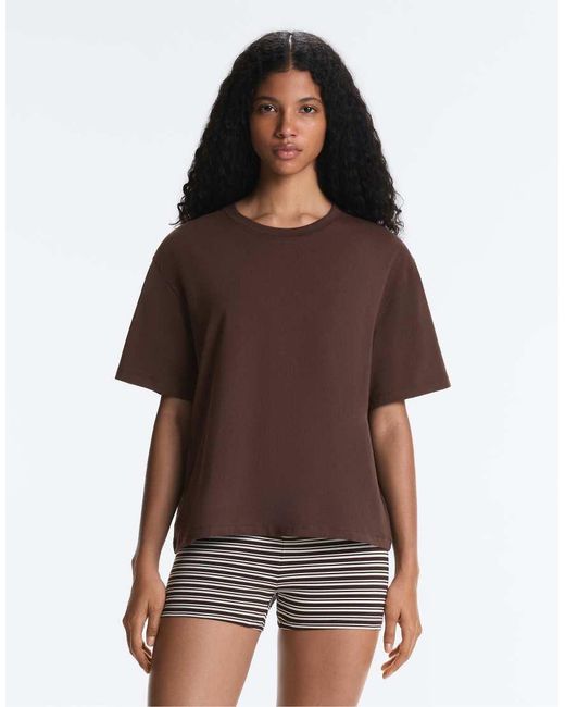 Oysho Brown Boxy Short Sleeve Cotton Blend T-shirt