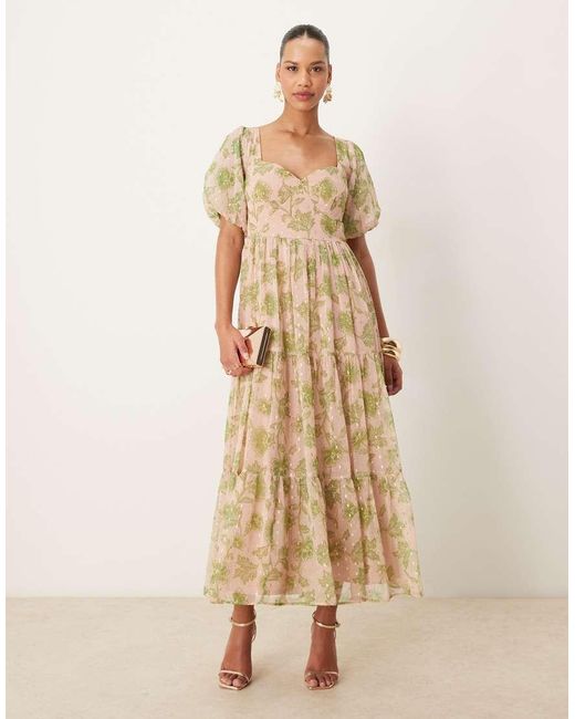 ANAYA Natural Floral Print Sweetheart Neck Midaxi Dress