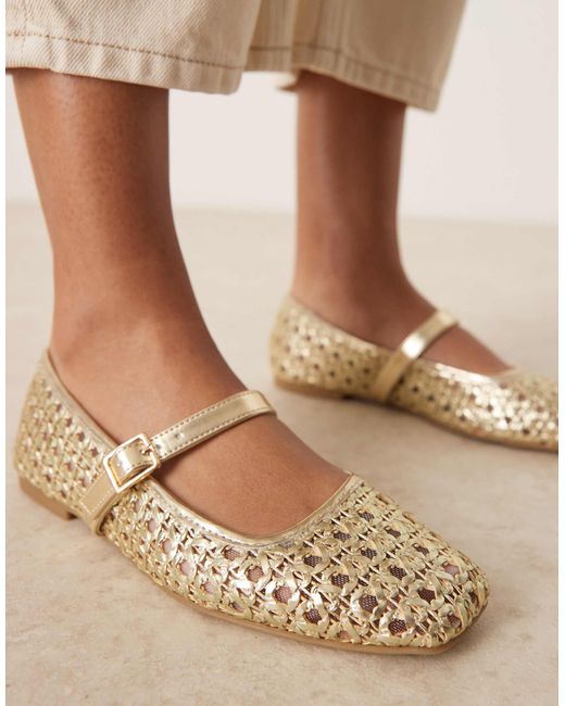 Asos Design Wide Fit Natural – lottie – mary-jane-ballerinas mit gewebtem obermaterial