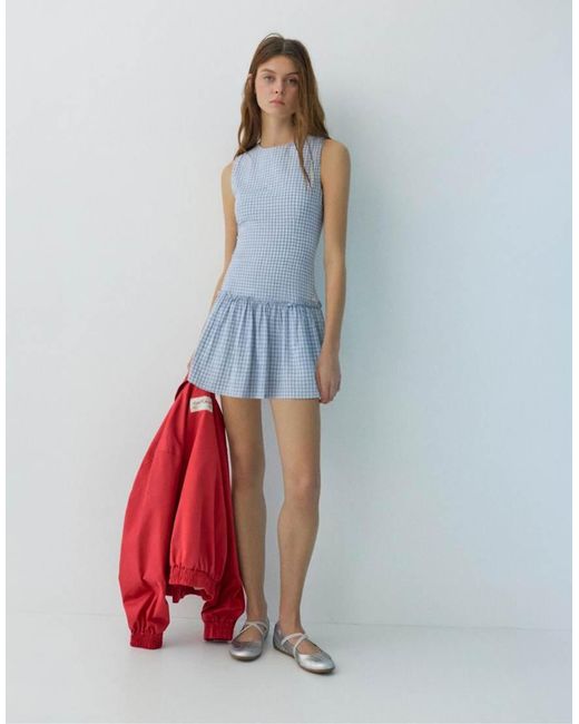 Pull&Bear Blue Short Checked Dress With Voluminous Hem