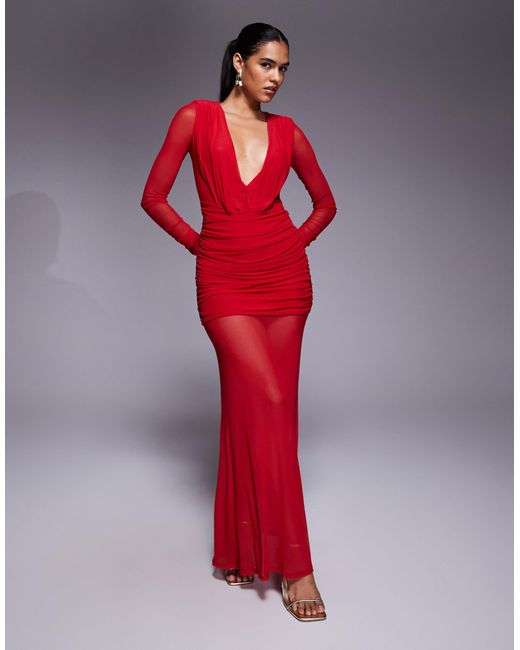ASOS Red Mesh Long Sleeve Deep Plunge Sheer Maxi Dress With Shoulder Pad Detail
