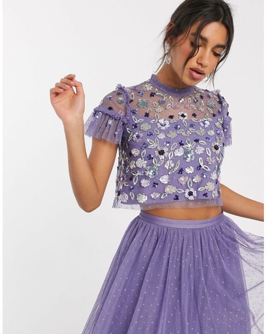 Needle & Thread Embellished Tulle Crop Top in Purple | Lyst