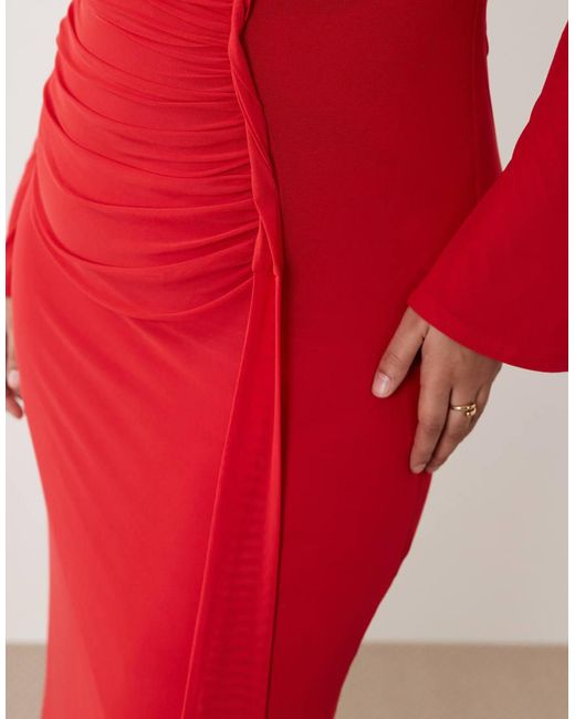 ASOS Red Asos Design Curve Mesh Long Sleeve Maxi Dress With Twist Detail