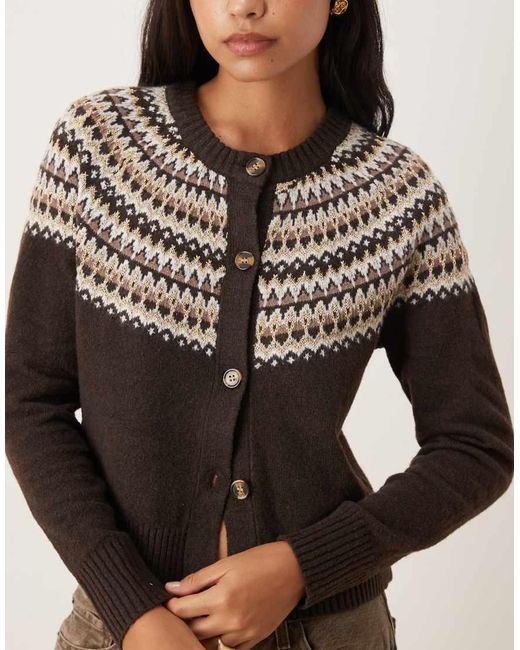 Threadbare Brown Crew Neck Cardigan With Fairisle Detail Print