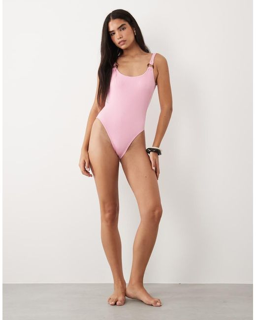 The Frolic Pink Exclusive Crinkle Resin Ring Strap Detail Scoop Neck Swimsuit