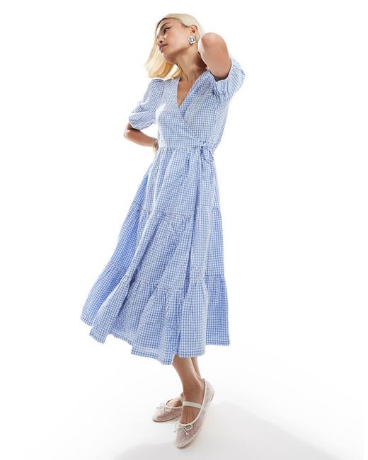 Monki Blue Seersucker Wrap Midi Dress With Tiered Layers