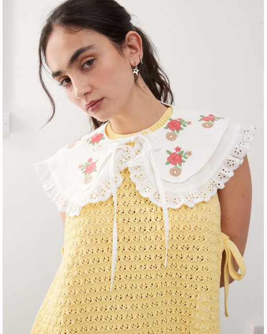 Reclaimed (vintage) Natural Oversized Tie Front Collar With Floral Embroidery