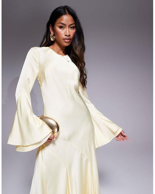 ASOS White Long Sleeve Satin Maxi Dress With Full Skirt And Godet