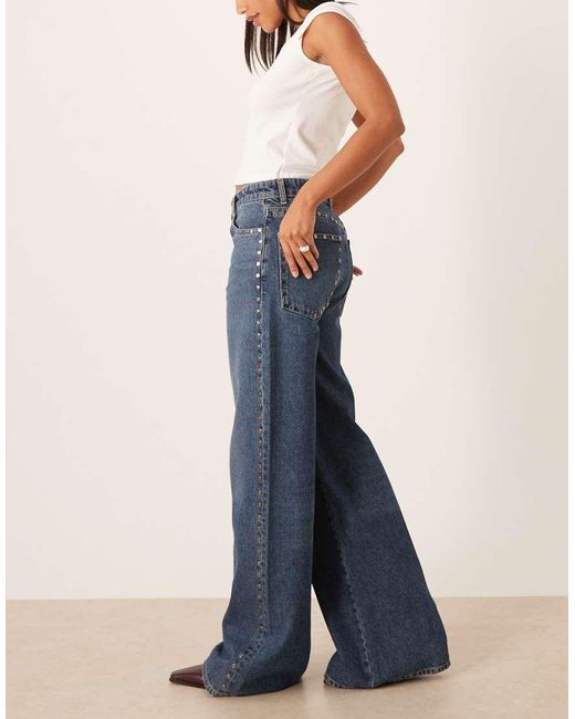 Mango Blue Studs 100% Cotton Wide Leg Jean With Stud Detail