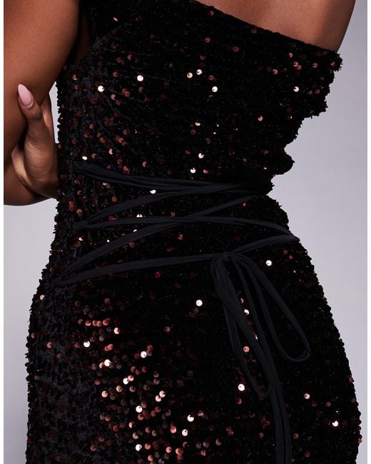 ASOS Blue Velvet Sequin Twist Shoulder With Lace Up Back Maxi Dress