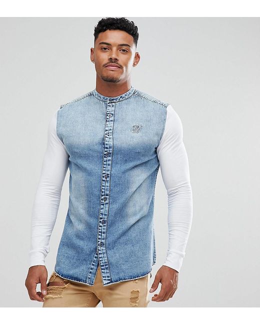 Siksilk Muscle Denim Shirt In Blue With Jersey Sleeves for men
