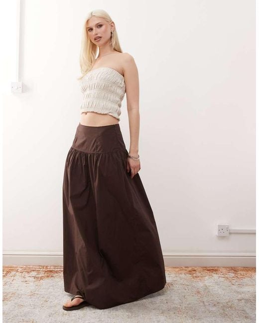 Monki Brown Floaty Poplin Maxi Skirt With Drop Waist Detail