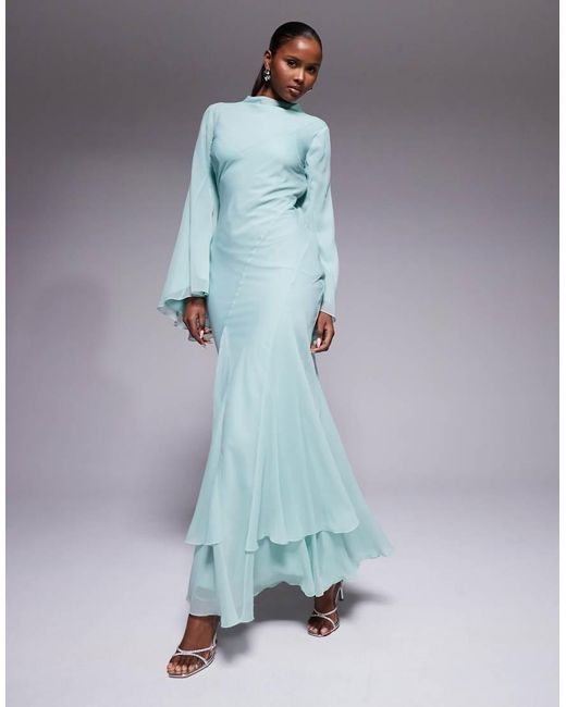 ASOS Blue Long Sleeve High Neck Maxi Dress With Ruffle Godets And Flute Sleeves