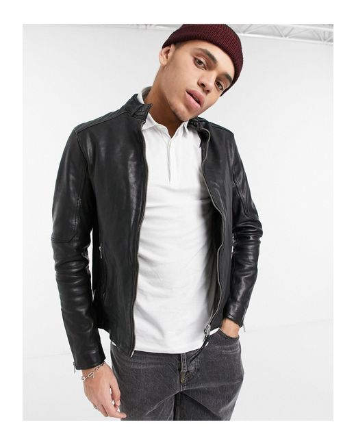 AllSaints Gray Cora Slim Fit Zip Through Leather Jacket for men
