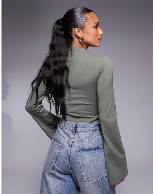 ASOS Gray Ribbed Bodysuit With Flared Sleeves