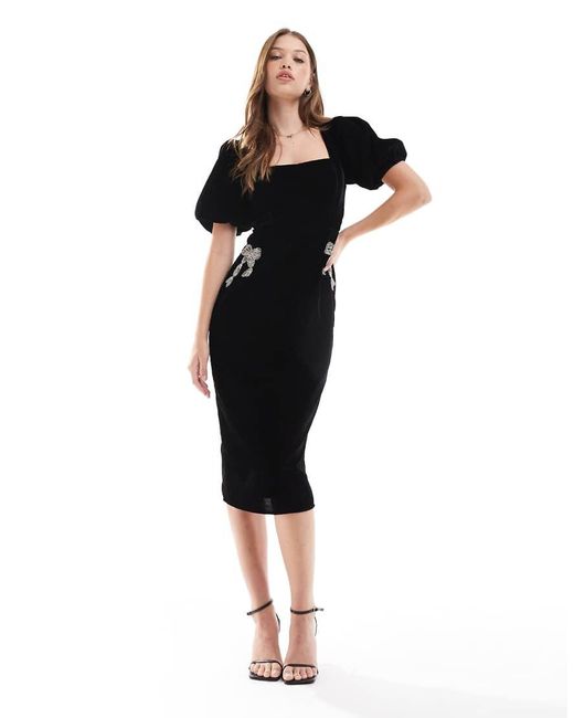 Hope & Ivy Black Square Neck Velvet Midi Dress With Embellished Bows