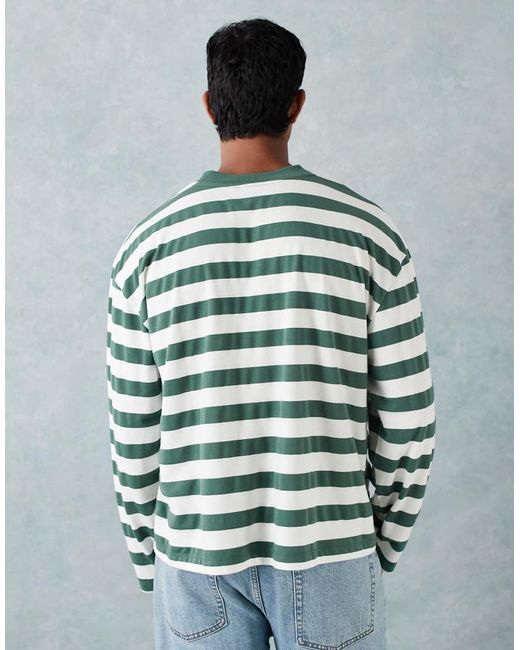 T-Shirt A Maniche Lunghe Squadrata Oversize Pesante Verde A Righe di ASOS in Green da Uomo