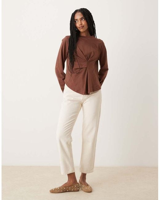 ASOS Brown Pleat Detail Cinched Long Sleeve Top