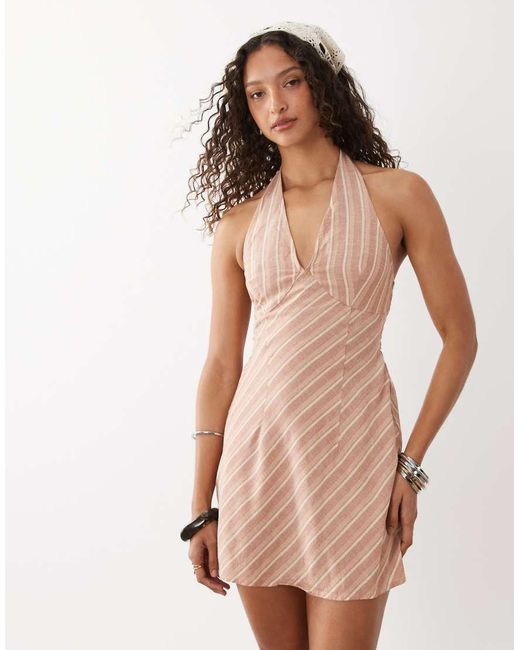 ASOS Natural Cotton-linen Blend Halter Neck Mini Sundress With Sculpted Bust