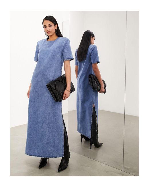 ASOS Blue Denim Shoulder Pad Midaxi Dress