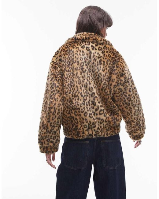 TOPSHOP Blue Faux Fur Leopard Print Zip Through Bomber Jacket
