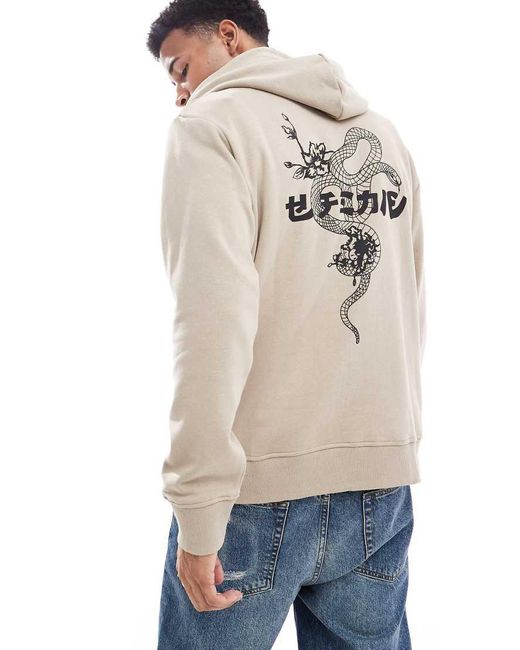 Jack & Jones Natural Oversized Snake Back Print Hoodie for men