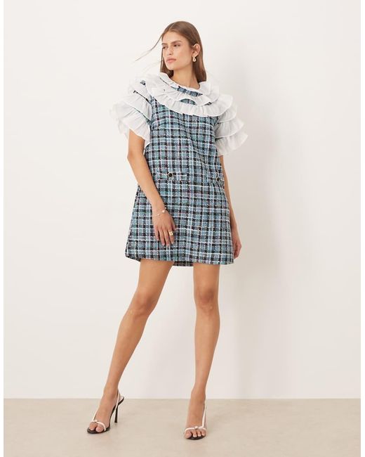 Sister Jane Blue Ruffle Top Tweed Check Mini Dress