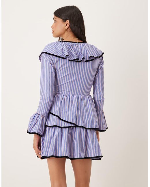 ASOS Purple V Neck Mini Smock Dress With Tie Bust And Contrast Velvet Trim