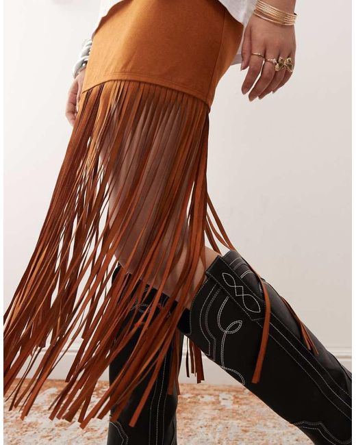 Miss Selfridge Brown Festival Suedette Fringe Skirt