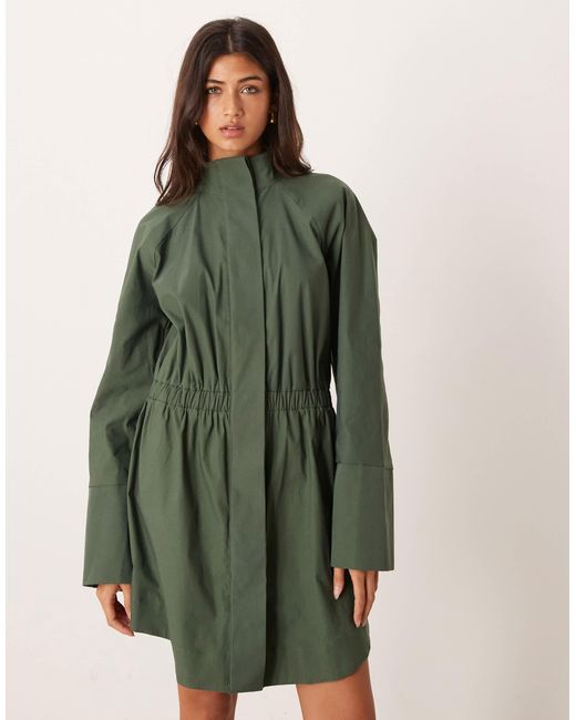 ASOS Green High Neck Shirt Mini Dress With Cinched Waist