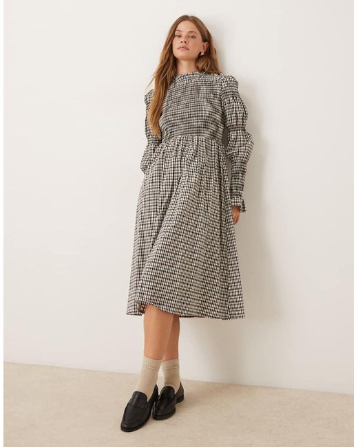 Y.A.S Gray Long Sleeve Shirred Midi Dress