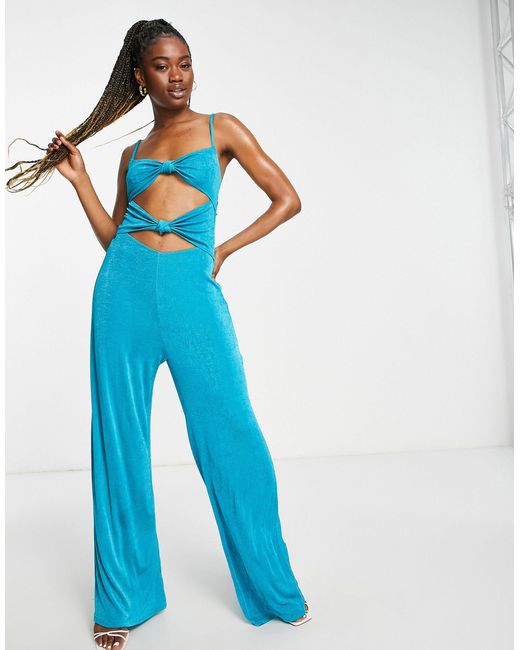 TOPSHOP Synthetic Jersey Slinky Cut Out Jumpsuit in Green | Lyst