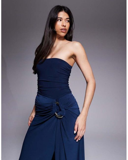 Forever New Blue Slinky Ruched Bandeau D Ring Side Detail Slit Front Midaxi Dress