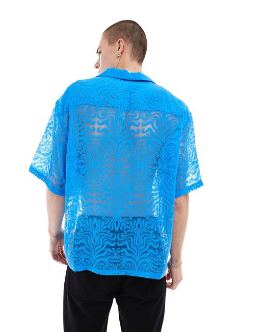 ASOS Blue Oversized Deep Revere Wavy Burnout Shirt for men