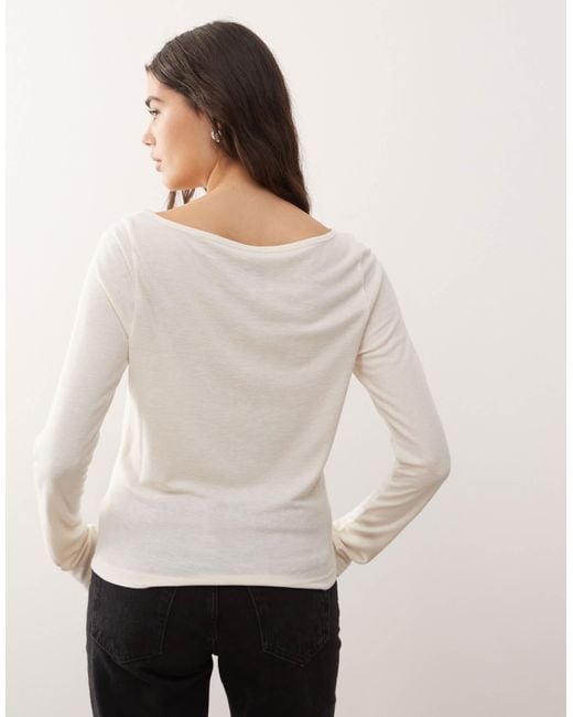 Collusion White Slash Neck Textured Long Sleeve Top